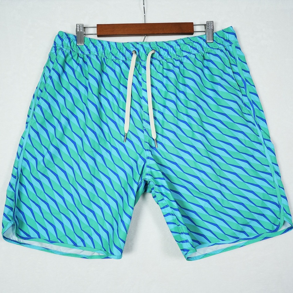 Fair Harbor Mens The Anchor Swim Trunks XXL Teal Green Geometric Wave BreezeKnit